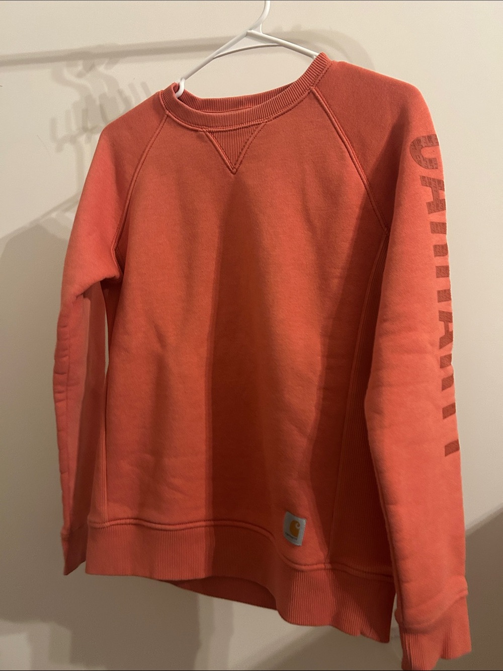 Carhartt Coral-Orange Pullover Sweatshirt with Sleeve Logo